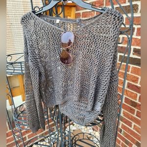 WOMENS LONG SLEEVE GREY CROCHET CROPPED SWEATER MEDIUM
